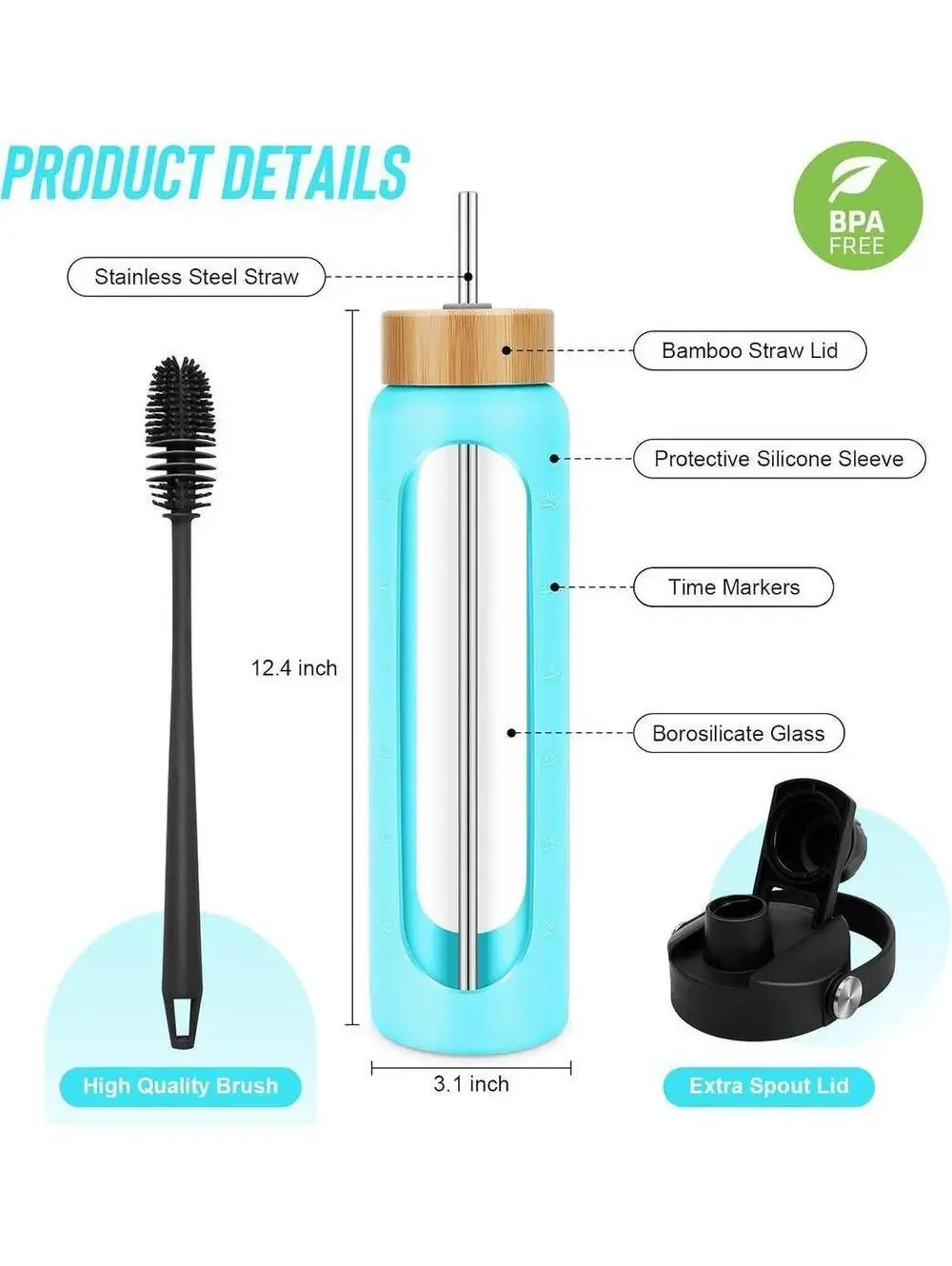 FULBEVY 32 oz Glass Water Bottles 2 Lids